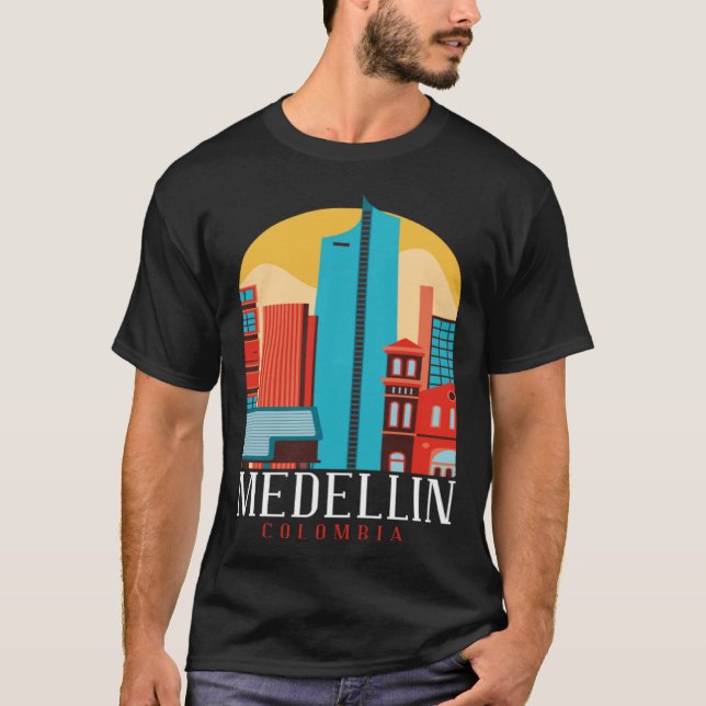 Medellin Colombia City Skyline Silhouette Outline  T-Shirt (Front)