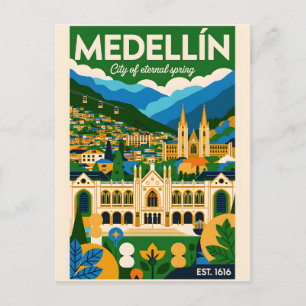 Medellín Colombia Retro Travel Poster Art Postcard