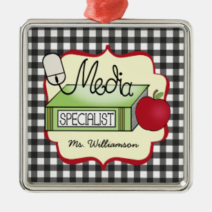 Media Specialist Book Apple & Computer Mouse Metal Tree Decoration