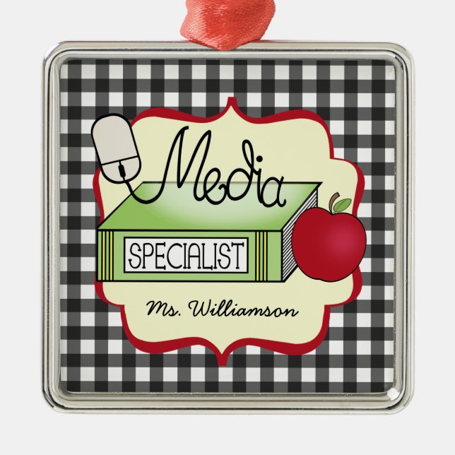 Media Specialist Book Apple & Computer Mouse Metal Tree Decoration (Front)