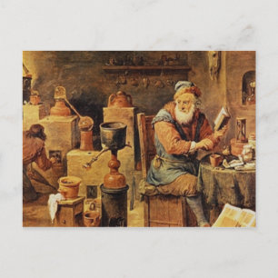 Mediaeval alchemist at work postcard