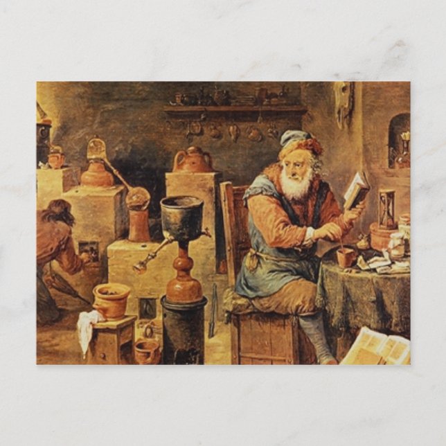 Mediaeval alchemist at work postcard (Front)