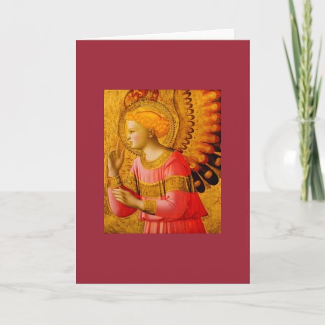Mediaeval Angel Blank Christmas Card in Red (Front)