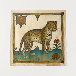 Mediaeval Art of Leopard with Red Flowers Tapestry