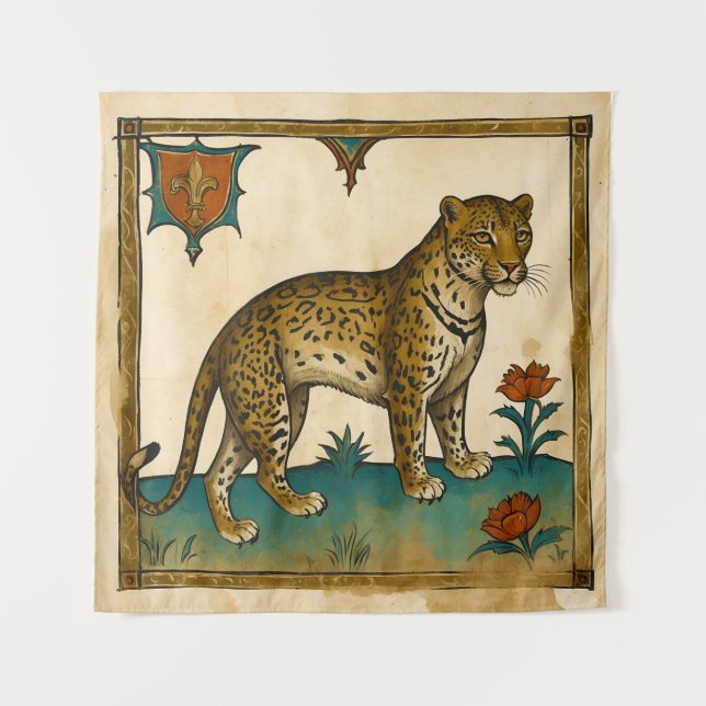 Mediaeval Art of Leopard with Red Flowers Tapestry (Front)