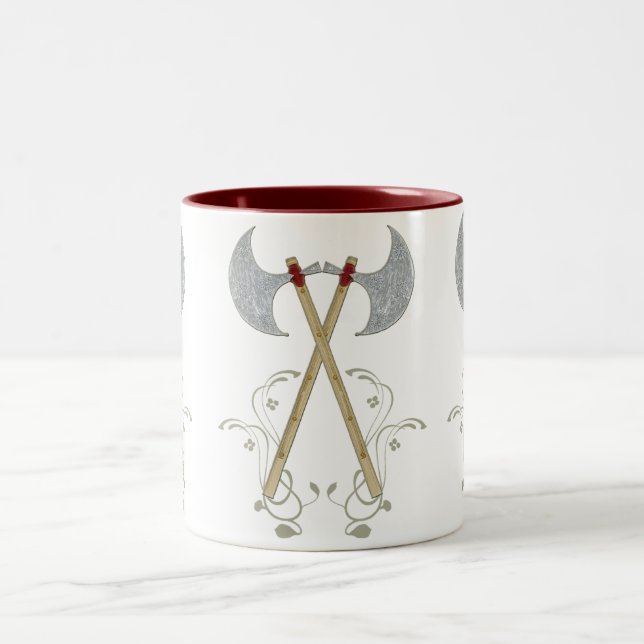 mediaeval battle axe red rope tighten on wood Two-Tone coffee mug (Center)