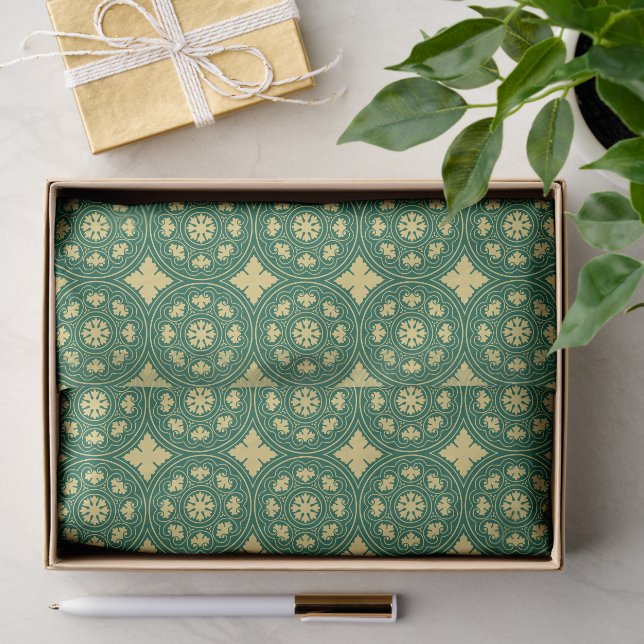 Mediaeval Beige Green Rosette Flower Pattern Tissue Paper (Gift)