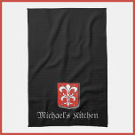 Mediaeval Black and Red Knight Shield Tea Towel<br><div class="desc">Gorgeous red black and silver towel. Decorated a fleur de lys style graphic and mediaeval style font.  Add your/recipient name.</div>