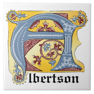 Mediaeval Blue and Red Ivy Illuminated Letter A Ceramic Tile