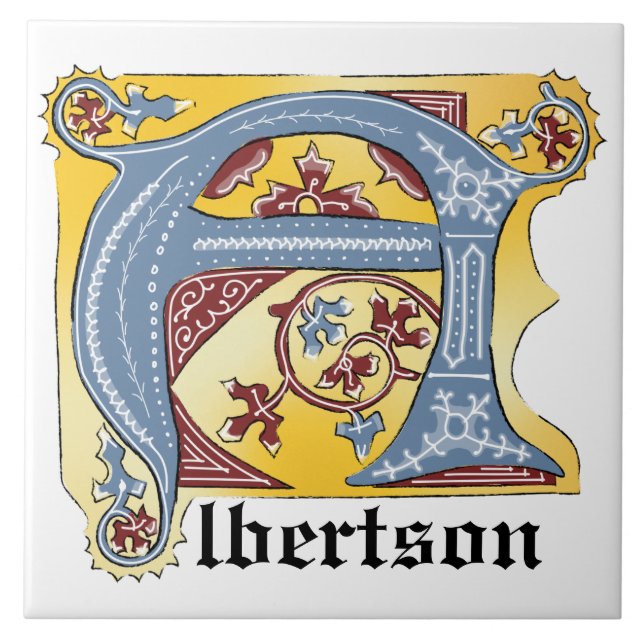 Mediaeval Blue and Red Ivy Illuminated Letter A Ceramic Tile (Front)