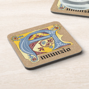 Mediaeval Blue and Red Ivy Illuminated Letter A Coaster