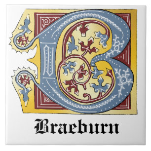Mediaeval Blue and Red Ivy Illuminated Letter B Ceramic Tile