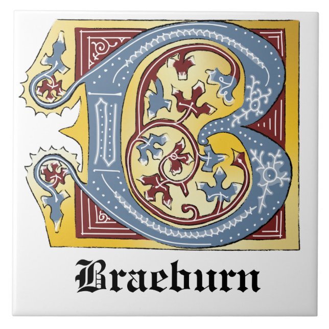 Mediaeval Blue and Red Ivy Illuminated Letter B Ceramic Tile (Front)