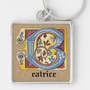 Mediaeval Blue and Red Ivy Illuminated Letter B Key Ring