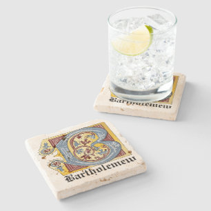 Mediaeval Blue and Red Ivy Illuminated Letter B Stone Coaster