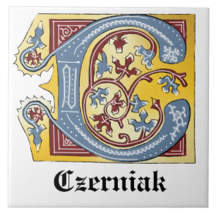 Mediaeval Blue and Red Ivy Illuminated Letter C Ceramic Tile