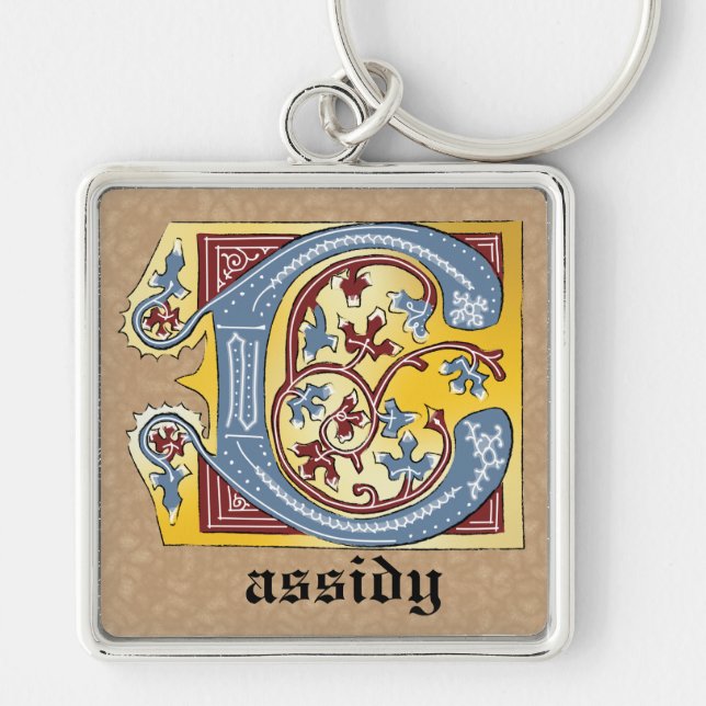 Mediaeval Blue and Red Ivy Illuminated Letter C Key Ring (Front)