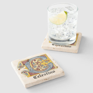 Mediaeval Blue and Red Ivy Illuminated Letter C Stone Coaster