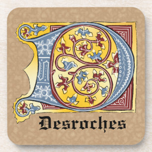 Mediaeval Blue and Red Ivy Illuminated Letter D Coaster