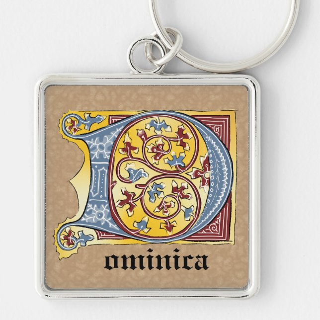Mediaeval Blue and Red Ivy Illuminated Letter D Key Ring (Front)