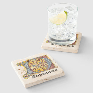 Mediaeval Blue and Red Ivy Illuminated Letter D Stone Coaster