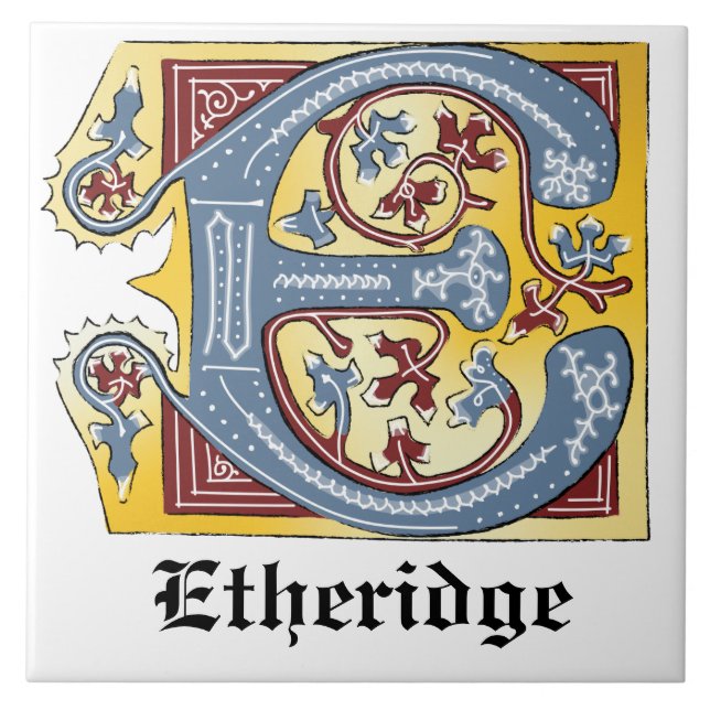 Mediaeval Blue and Red Ivy Illuminated Letter E Ceramic Tile (Front)