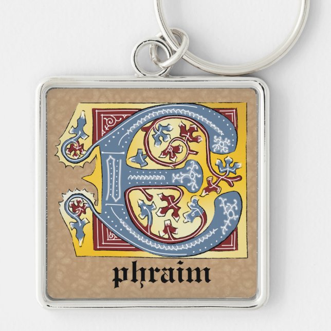 Mediaeval Blue and Red Ivy Illuminated Letter E Key Ring (Front)