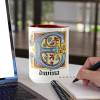 Mediaeval Blue and Red Ivy Illuminated Letter E