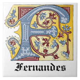 Mediaeval Blue and Red Ivy Illuminated Letter F Ceramic Tile