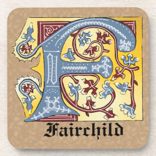 Mediaeval Blue and Red Ivy Illuminated Letter F Coaster