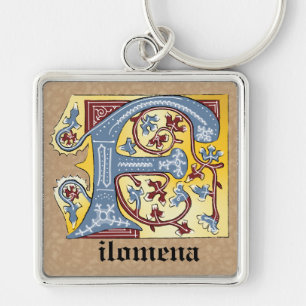 Mediaeval Blue and Red Ivy Illuminated Letter F Key Ring