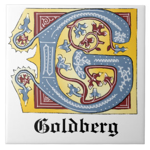 Mediaeval Blue and Red Ivy Illuminated Letter G Ceramic Tile