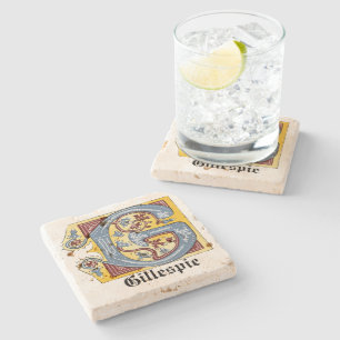 Mediaeval Blue and Red Ivy Illuminated Letter G Stone Coaster