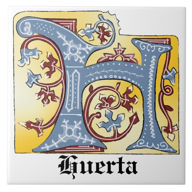 Mediaeval Blue and Red Ivy Illuminated Letter H Ceramic Tile (Front)