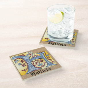 Mediaeval Blue and Red Ivy Illuminated Letter H Glass Coaster