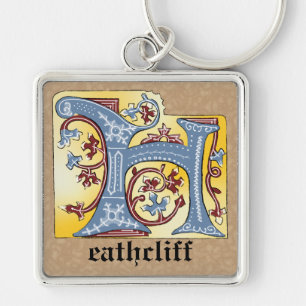 Mediaeval Blue and Red Ivy Illuminated Letter H Key Ring