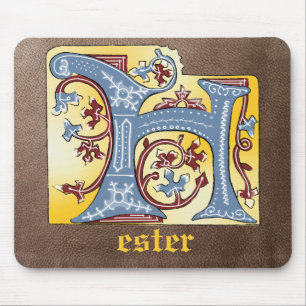 Mediaeval Blue and Red Ivy Illuminated Letter H Mouse Pad