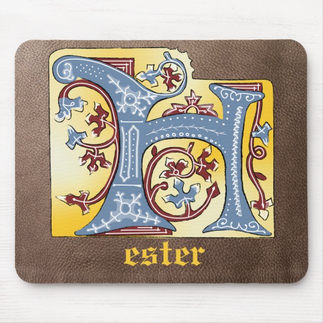 Mediaeval Blue and Red Ivy Illuminated Letter H Mouse Pad (Front)