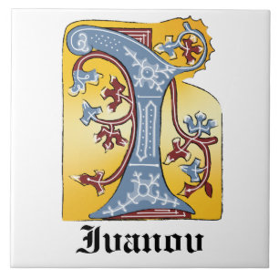Mediaeval Blue and Red Ivy Illuminated Letter I Ceramic Tile