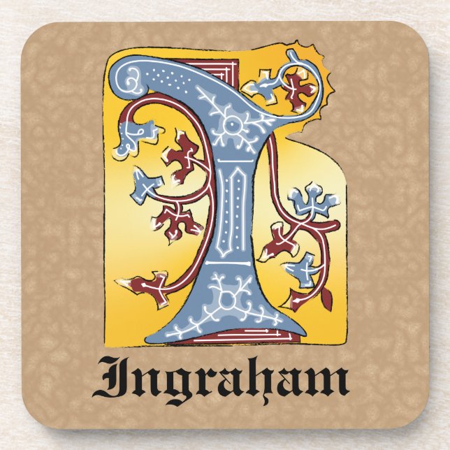 Mediaeval Blue and Red Ivy Illuminated Letter I Coaster (Front)