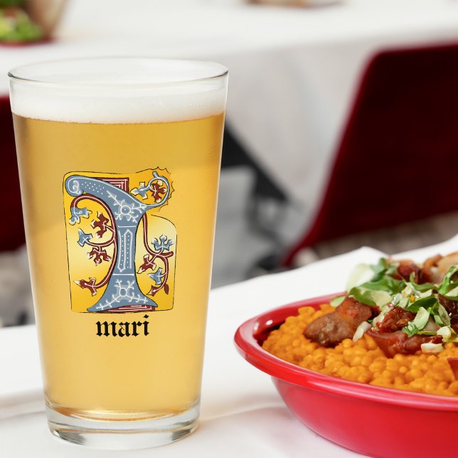 Mediaeval Blue and Red Ivy Illuminated Letter I Glass (Creator Uploaded)