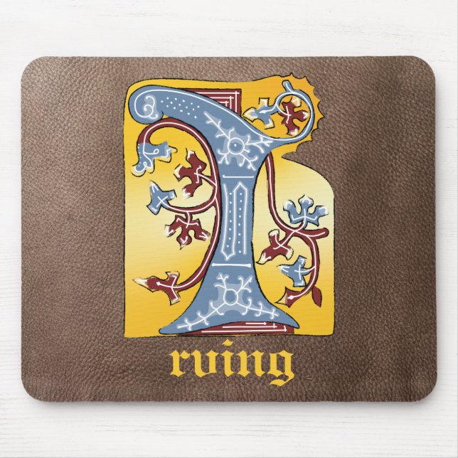 Mediaeval Blue and Red Ivy Illuminated Letter I Mouse Pad (Front)