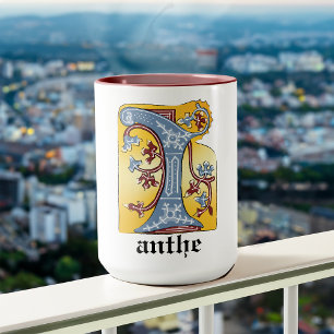 Mediaeval Blue and Red Ivy Illuminated Letter I Mug