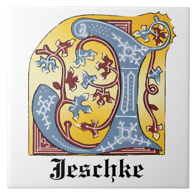 Mediaeval Blue and Red Ivy Illuminated Letter J Ceramic Tile (Front)