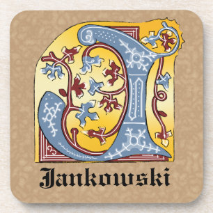 Mediaeval Blue and Red Ivy Illuminated Letter J Coaster