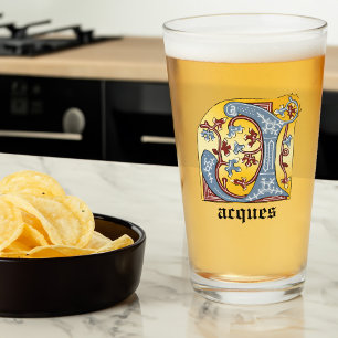 Mediaeval Blue and Red Ivy Illuminated Letter J Glass