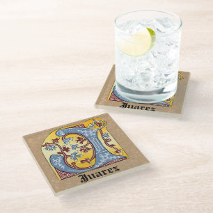 Mediaeval Blue and Red Ivy Illuminated Letter J Glass Coaster