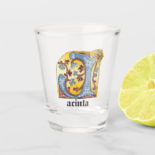 Mediaeval Blue and Red Ivy Illuminated Letter J Shot Glass