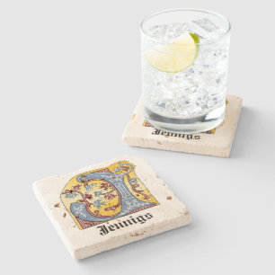 Mediaeval Blue and Red Ivy Illuminated Letter J Stone Coaster