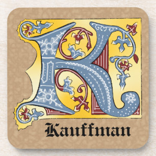 Mediaeval Blue and Red Ivy Illuminated Letter K Coaster